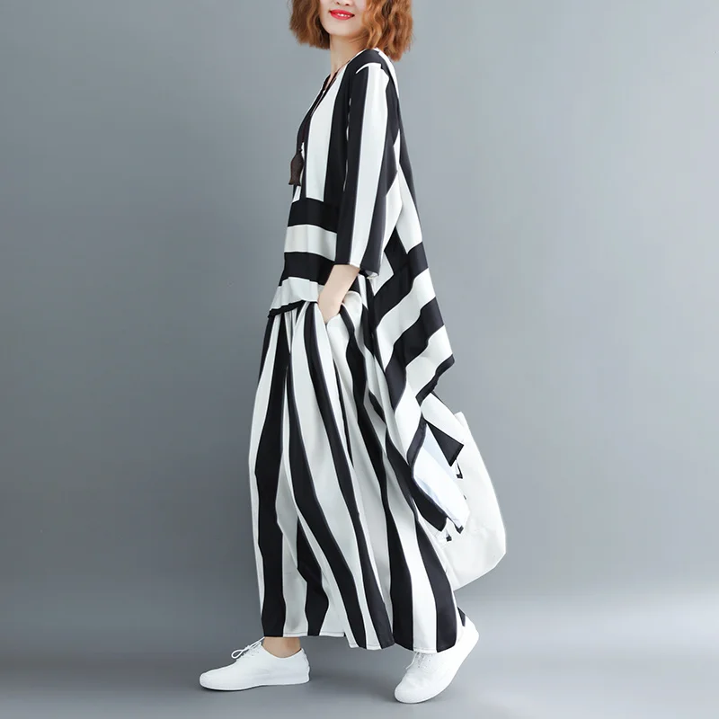 

#2725 Vertrical Striped Two Piece Set Top And Pants Loose Korean Style Asymmetrical Shirt And Wide Leg Pants Women Half Sleeve
