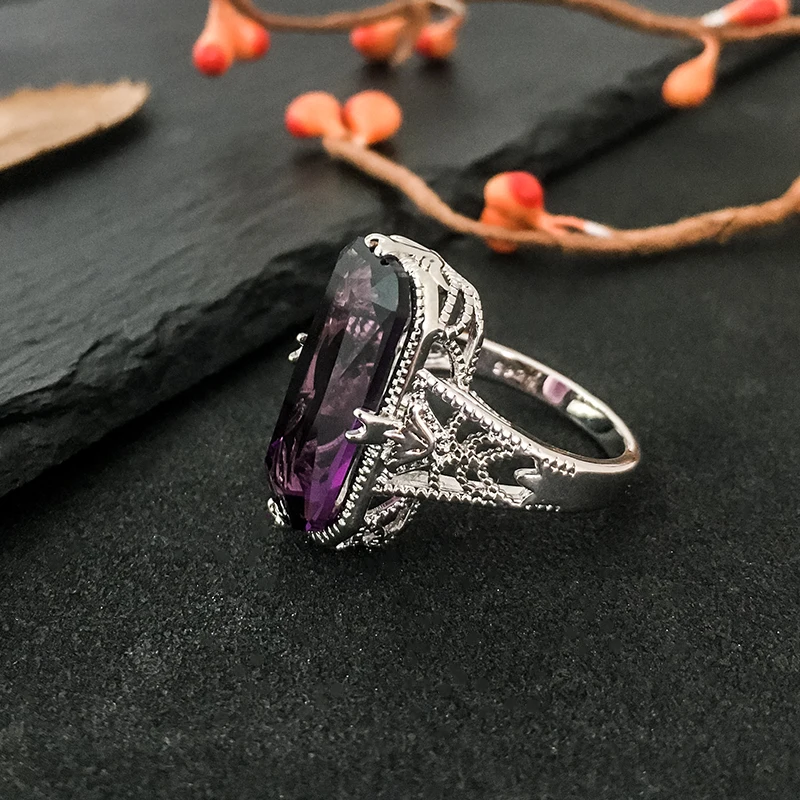 10*20mm Big Amethyst Gemstone Ring Hollowed-out Silver Rings Exaggerated Silver Hand Jewelry For Women images - 6