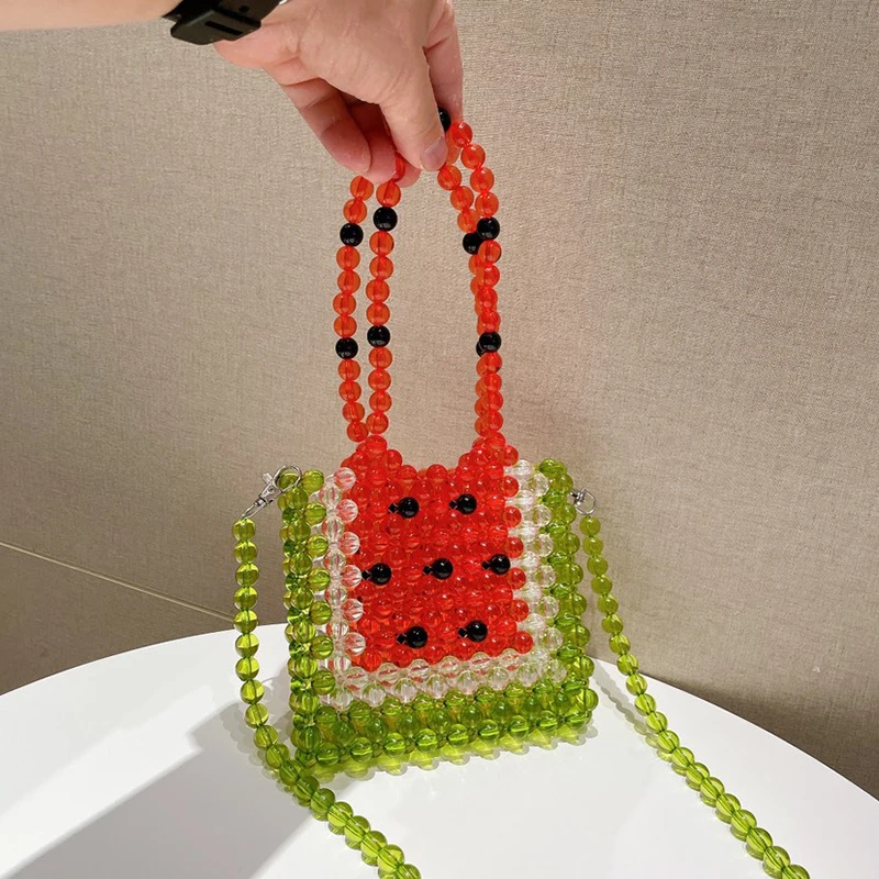

Watermelon Patten Clutch Bag Hit Color Small Beaded Purses Pearl Square Shoulder Messenger Cross Body Bag Woman Cute Side Bag