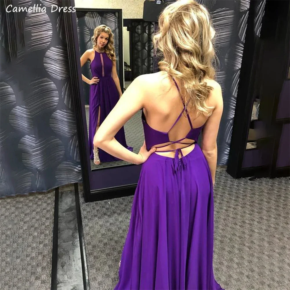 

Simple Backless Chiffon Prom Dresses Sexy High Slit Party Gowns Purple Formal Graduation Evening Dress Robe De Soirée فستان سهرة