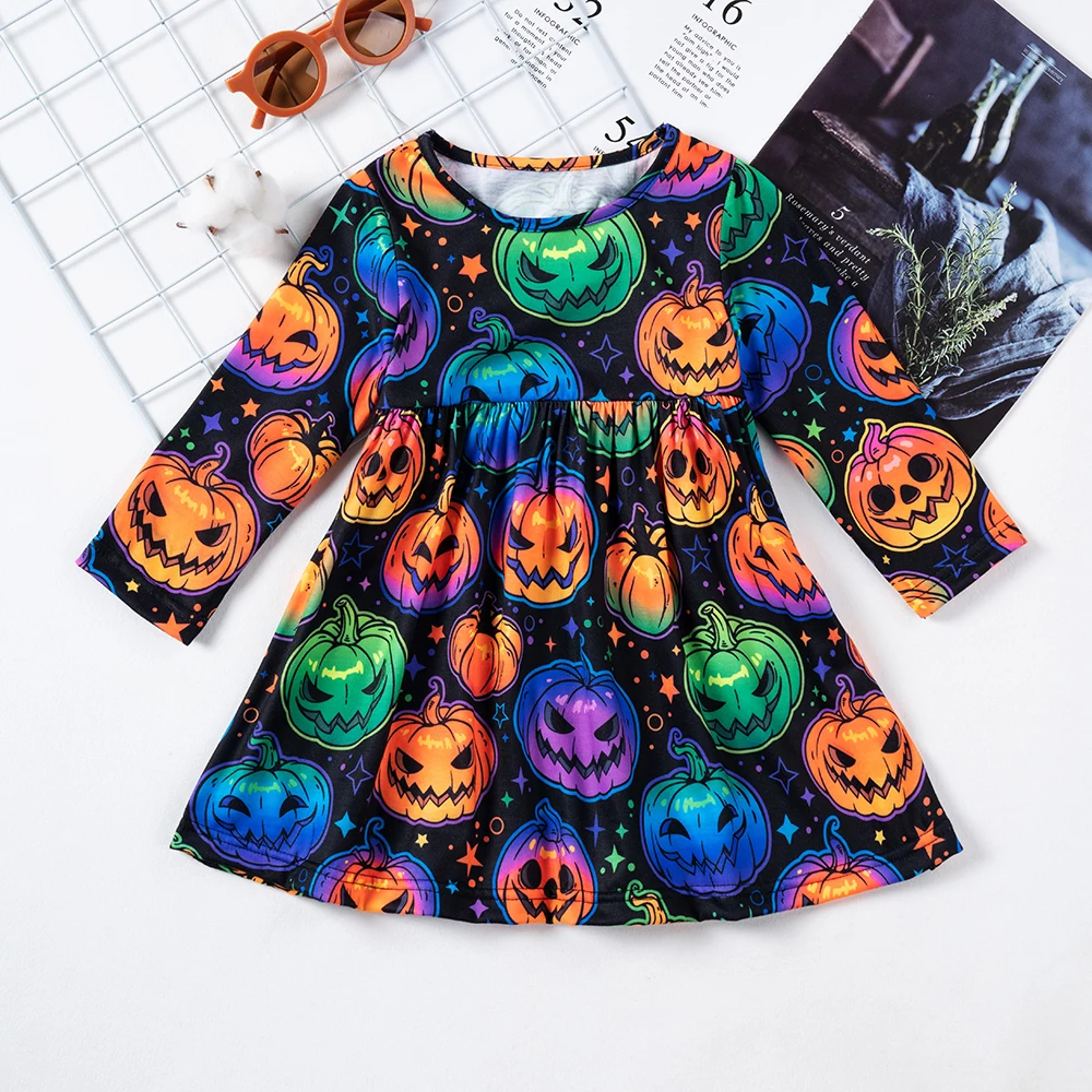 

Halloween Clothing Girls Pumpkin Full Print Long Sleeve Dress Children Girls Skull Dress Halloween Colorful Clothing 1-6T