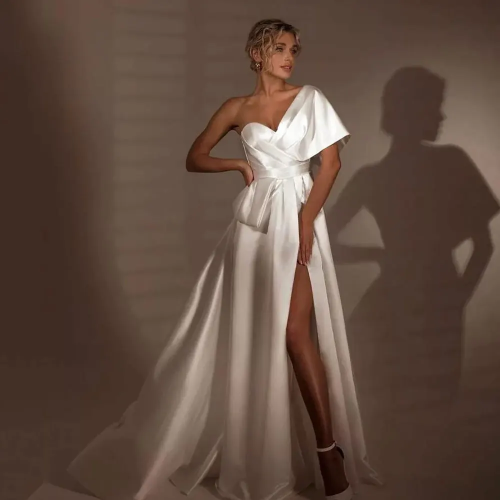 

Pmwrun One Shoulder Sweetheart Wedding Dress Sexy Side Slit Satin Strap Bride Dress Open Back Simple Bridal Dresses New Gowns