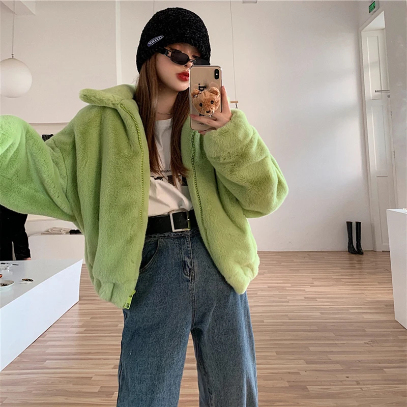 Korean Casual Plush Coat 2023new Green Short Faux Fur Coats Women Stand Collar Winter Thicken Warm Furry Jackets Woman Overcoat