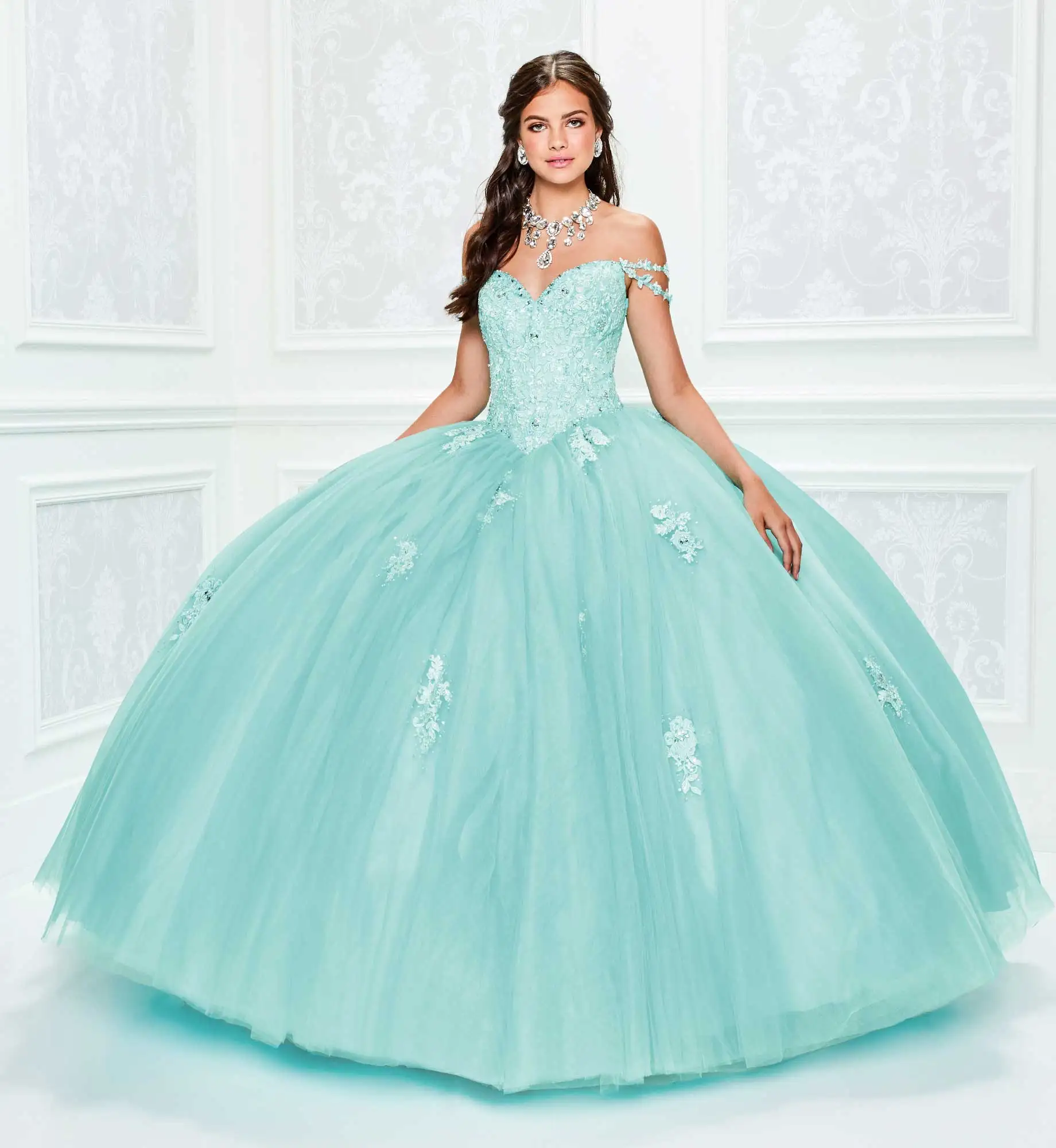 

Mint Green Charro Quinceanera Dresses Ball Gown Off The Shoulder Tulle Appliques Puffy Mexican Sweet 16 Dresses 15 Anos