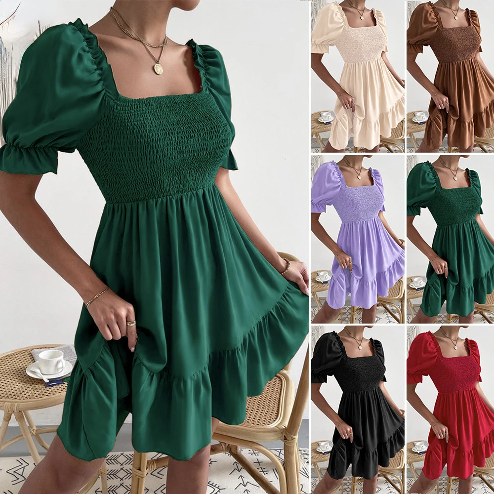 

Spring Women Fashion Mini Dress Ruffled Short Sleeve Sundress Square Collar Elegant 2023 Chic Short Puff Sleeve Party Dresses