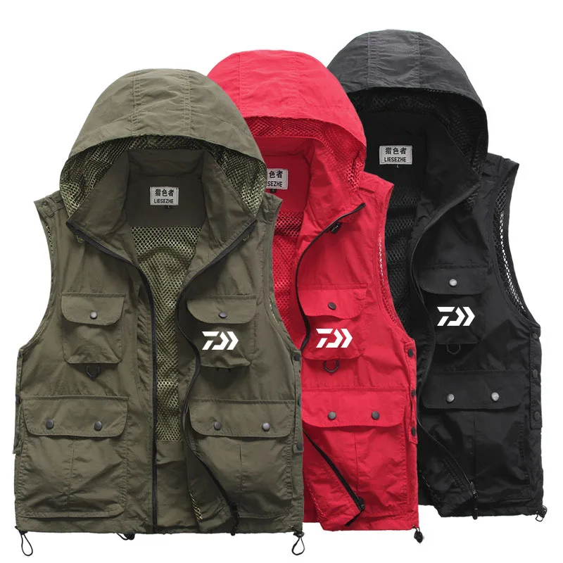 

Men's Outdoors Sports Hooded Fishing Vest Jacket Multiple Pockets Loose Casual Breathable Photographer Fishing Vests Outwear