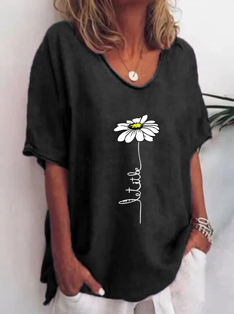 

Other Summer T-Shirt None Linen V-Neck Casual Women Regular Pullover Short Sleeve T-Shirts Solid