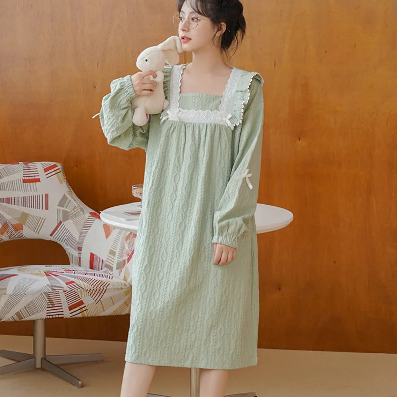 2023 Long Nightdress Women Faux Cotton Sleepdress Long Sleepwear Cute Sweet Girls Lady Nightgowns Home Dressing Gowns Nightwear