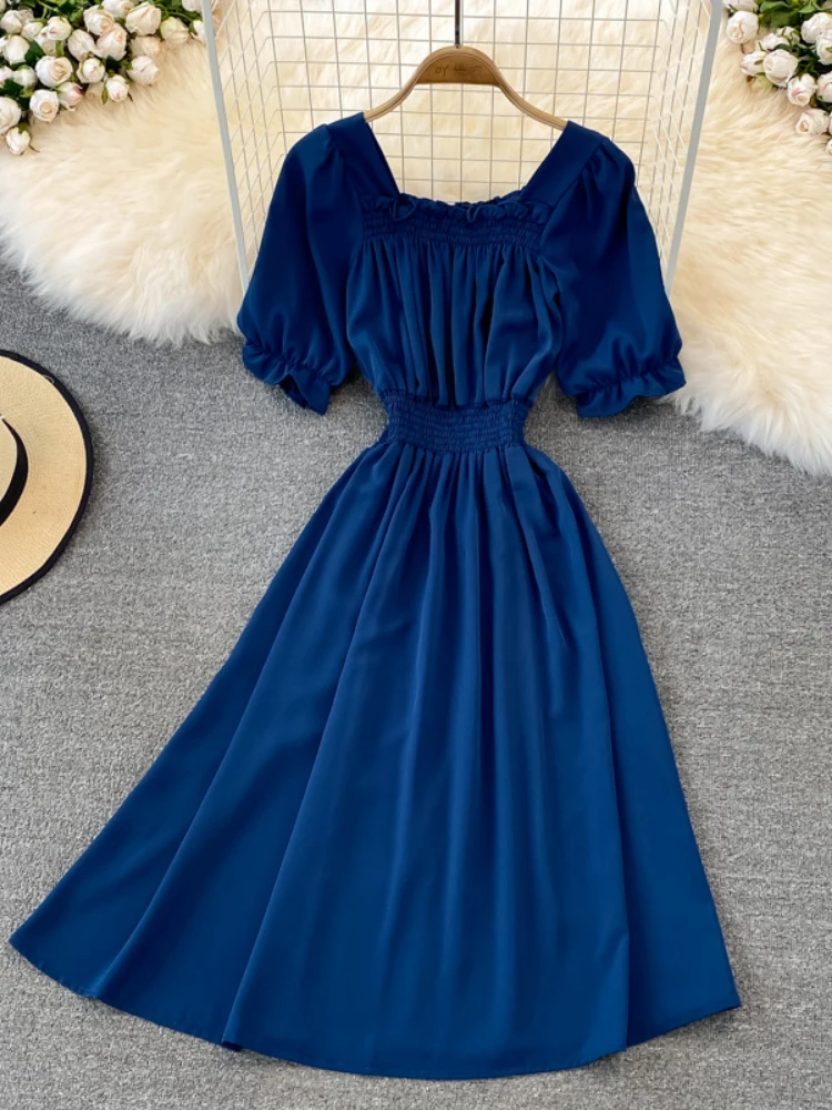 

Женское Повседневное платье средней длины, однотонное платье средней длины с квадратным вырезом и рукавами-фонариками в Корейском стиле, л...