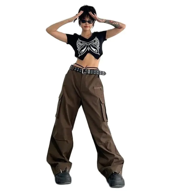 

Брюки-карго женские с карманами, винтажные свободные модные штаны в стиле High Street, повседневные спортивные со складками, с завышенной талией, Y2K