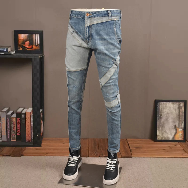 Fashion Designer Men Jeans Retro Blue Stretch Slim Fit Spliced Ripped Jeans Men Elastic Trousers Streetwear Hip Hop Pants Hombre
