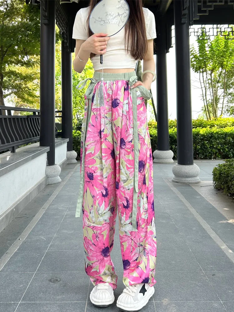 

Брюки женские облегающие с высокой талией, шикарная летняя одежда для работы с широкими штанинами, Свободные повседневные офисные штаны с цветочным принтом в стиле ретро, 2023