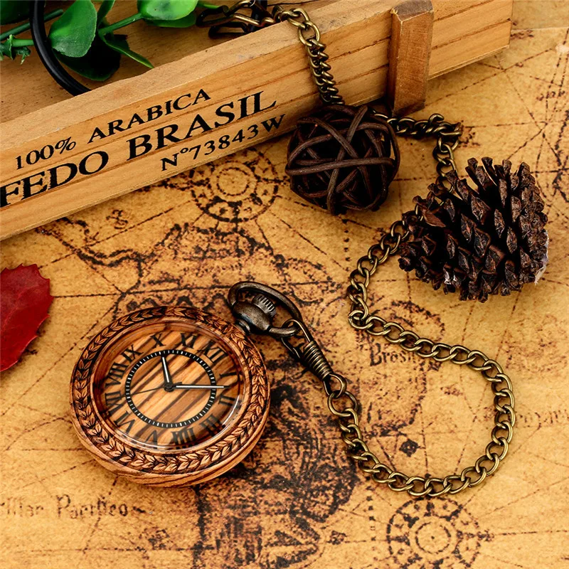 Handmade Nature Wood Pocket Watch Sandalwood Quartz Analog Watches Roman Number Display Clock with FOB Pendant Chain Gift reloj