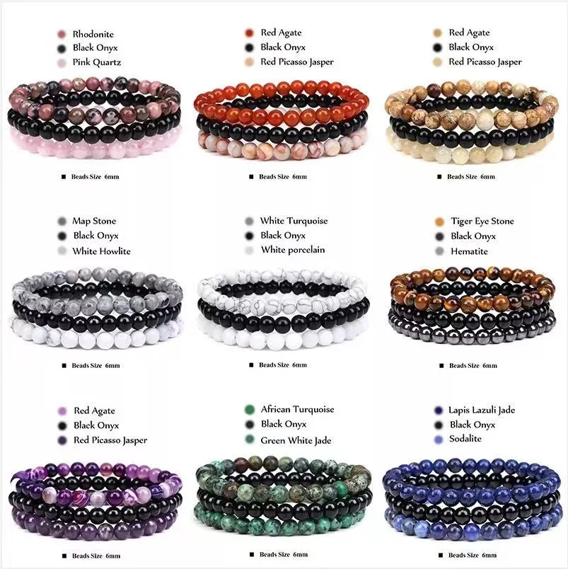 

Set Bracelet Couples Distance Black White Natural Lava Stone Tiger Eye Beaded Yoga Bracelets for Men Women Elastic Rope Jewelry