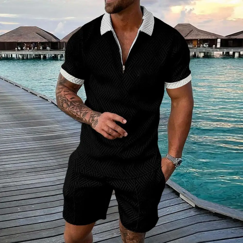Fashion Handsome Short Pants Elastic Waist Print Men Tops Shorts Set Zip Up Men Tops Shorts Set Male Clothing