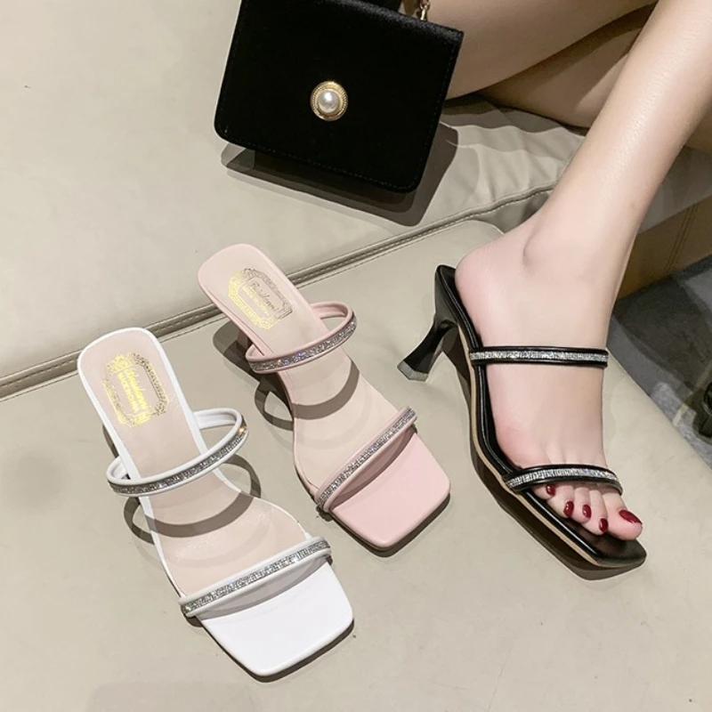 

Женские шлепанцы на каблуке средней высоты, шлепанцы с узкими ремешками, элегантные дамские шлепанцы, сандалии, 2023