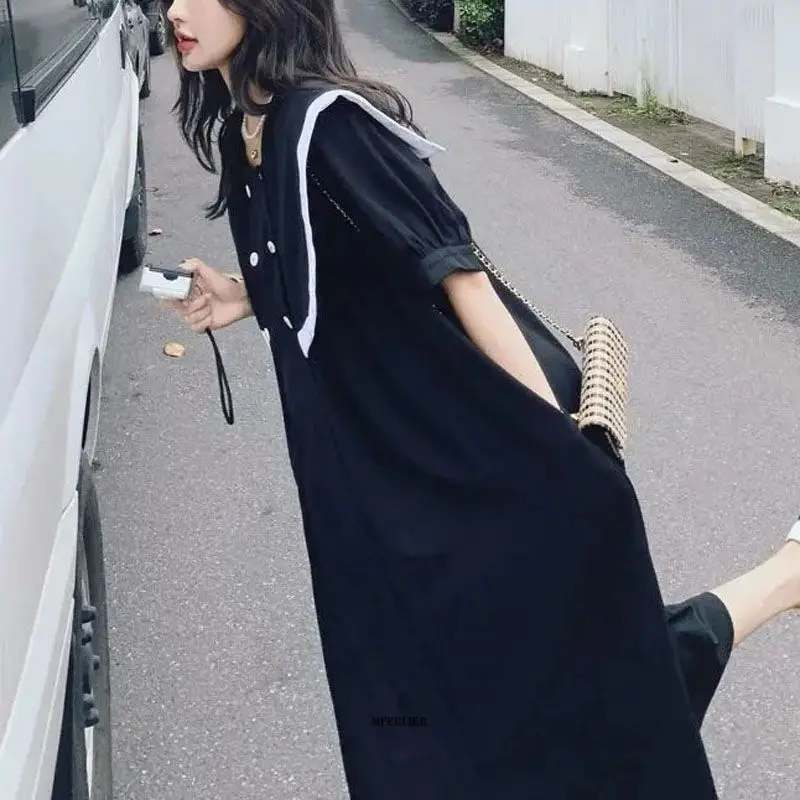 

Летнее Длинное платье большого размера 6XL 150 кг, повседневные платья, черный сарафан, матросский воротник, Большая одежда для женщин