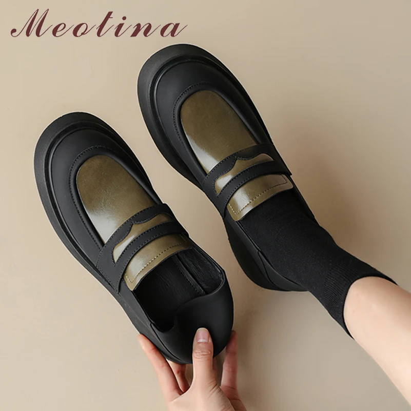 

Meotina Women Round Toe Loafers Genuine Leather Mid Heel Pumps Thick Heels Platform Mixed Colors Spring Autumn Shoes Beige 40