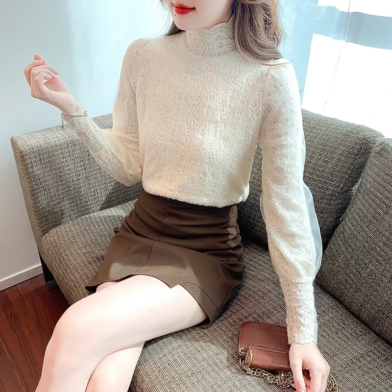 Модная кружевная женская блузка с воротником-стойкой и длинным рукавом