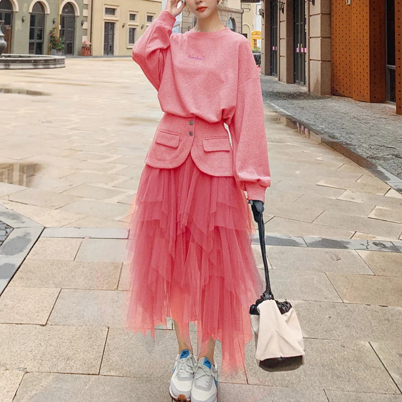 

Spring Woman Pullover Long Sleeve Ladies Hoodies Sweatshirts High Waist Irregular Pleated Mesh A-Line Skirt Suits 2 Piece Sets
