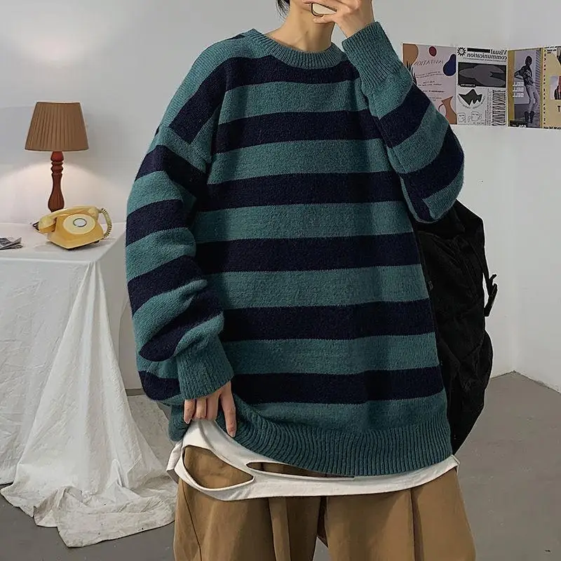 DIMI Winter New Woman Casual Pullovers Korean Streetwear Male Fashion Warm Clothing Men's Loose Stripe Sweaters
