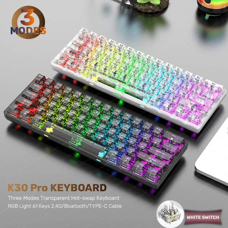 

K30 Pro прозрачная Механическая игровая клавиатура 61keys Type-c Беспроводная Bluetooth 2,4G механическая клавиатура RGB клавиатура с горячей заменой