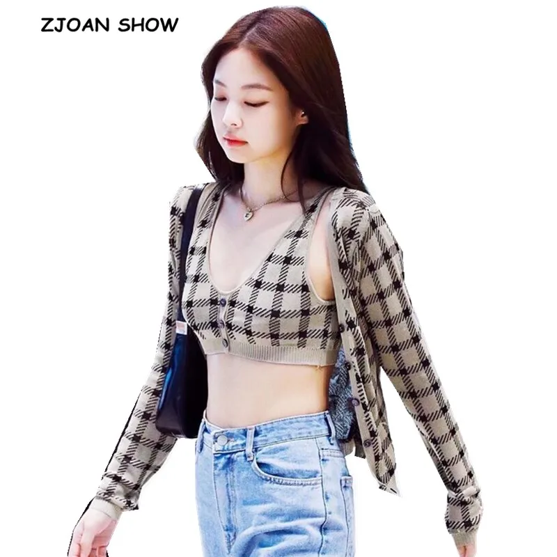 

1 set Autumn Korea Style Check Gingham Plaid Cardigan V neck Single-breasted Button Tank Top Knitted Sweater Vintage Jumper