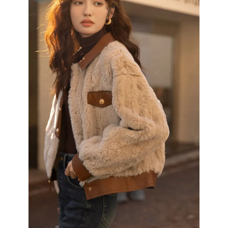 Lamb Jacket fur coat women's Autumn winter coat women new woman imitation patchwork short thickened outside take female fashion