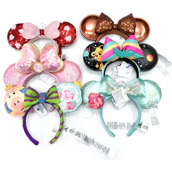 2023 Original Disney Mickey Ears Headband Disneyland Leather Minnie Headband for Kids and Adults Luxury Hairband with Sequin Bow 1