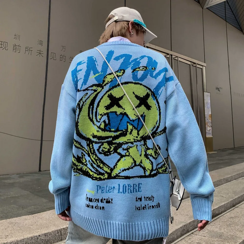 

Loose Knit Punk Long Sleeve Cartoon Kawaii Tops Streetwear Oversized Blue Graphic Sweaters Women Harajuku Japanese Y2k Winter