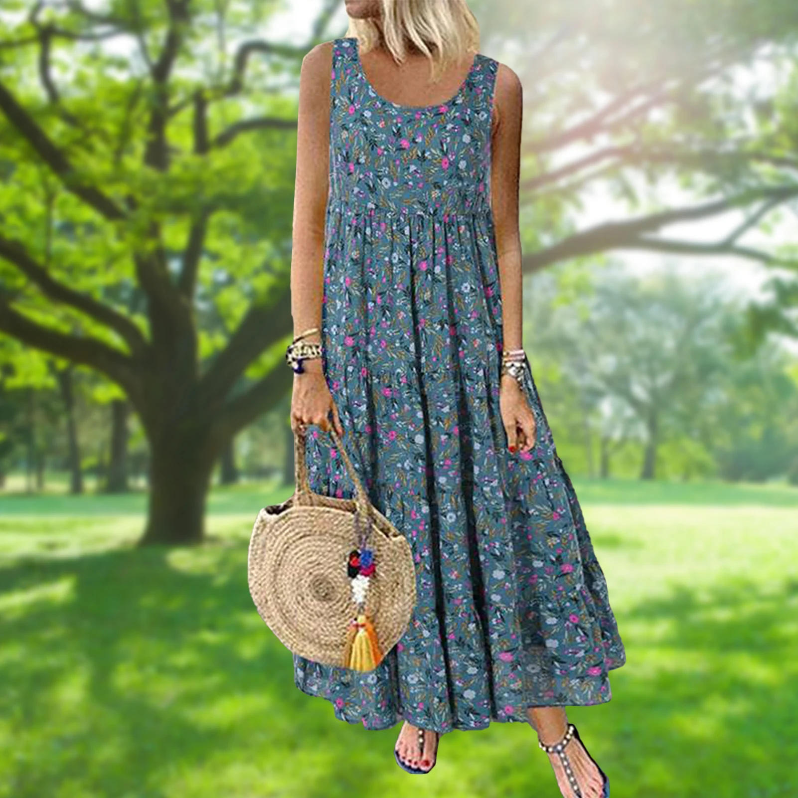 

Женское винтажное платье с круглым вырезом, Длинное свободное Хлопковое платье без рукавов с цветочным принтом, лето
