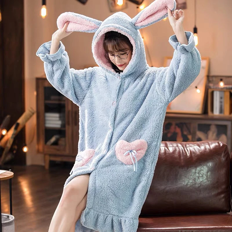 Thickened Coral Fleece Long Nightgowns Kawaii Anime Pajamas Women Girls Sleep Dress Warm Flannel Pyjamas Long Sleeve Sleepwear