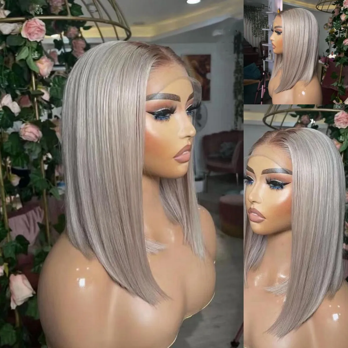 

Ash Gery Ombre Blonde Short Bob 13x4 Lace Front Human Hair Wigs Silky Straight Hd Transparent Baby Hair Glueless For Woman