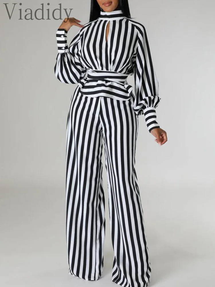 Женский комплект из 2 предметов топ в полоску с рукавами-фонариками и широкие