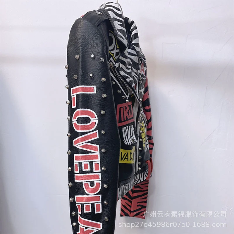 European And American Women'S Leather Coat Fashion Heavy Industry Rivet Letter Graffiti Print Motorcycle Wear   Personality Tren
