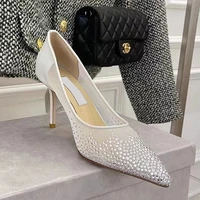 fashion high heels summer new pointed toe rhinestone shallow mesh transparent stiletto womens shoes