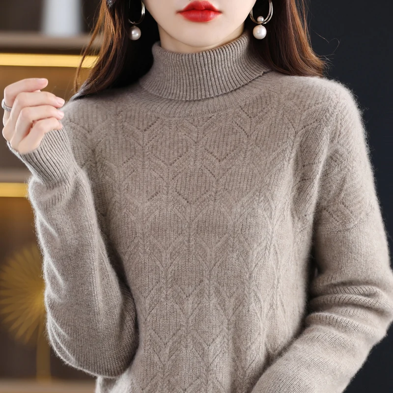 

Pullover Women's Elegant Autumn/Winter New 100% Pure Wool Sweater Casual Turtleneck Knitwear Loose Ladies Tops Overside Blouse