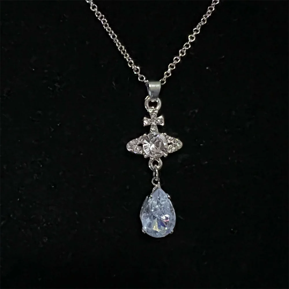 

Cross Tear Drop Eye Necklace For Women Diamond Crystal Water Drop Pendant Silver Saturn Chain Trendy Wedding Jewelry Female Gift