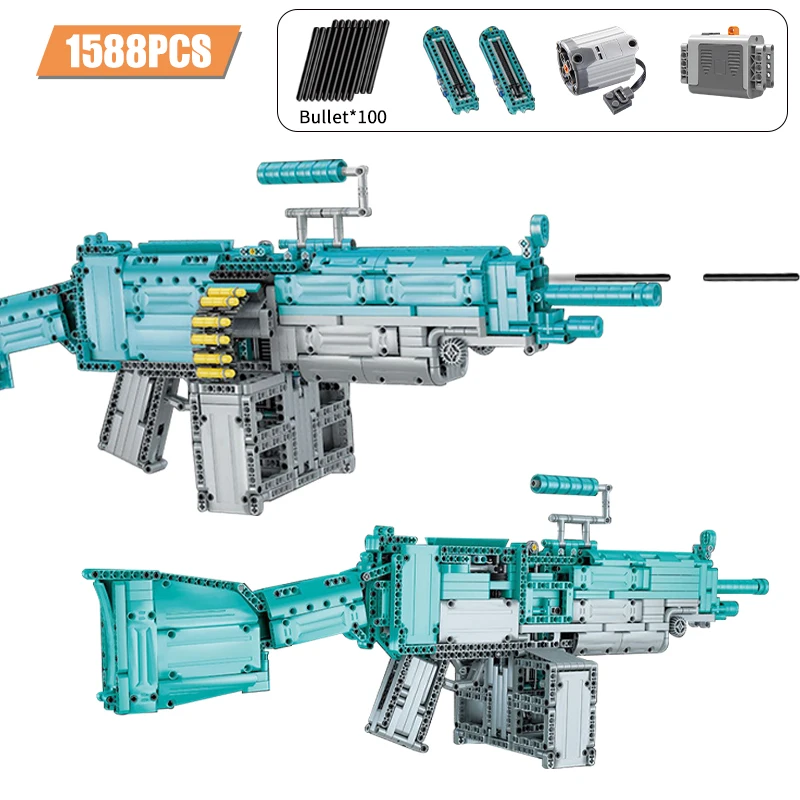 

1588 Pcs City Military WW2 M249 MP5 Electric Machine Gun Building Blocks War Weapon Emission Bullet Bricks Toys for Boy Gifts