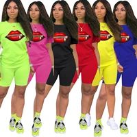 2 pieces set women 2021 hot style round collar lips short sleeve tracksuit two piece outfit sports set dropshipping zxp9581
