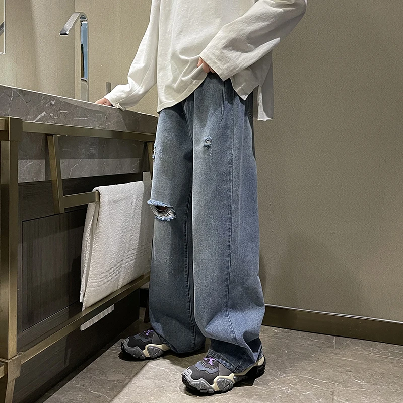 Fashion Trend Men Denim Pant Stretch Plus Size High Street Biker Jeans Destroyed Ripped Design Hole Straight Jeans for Men