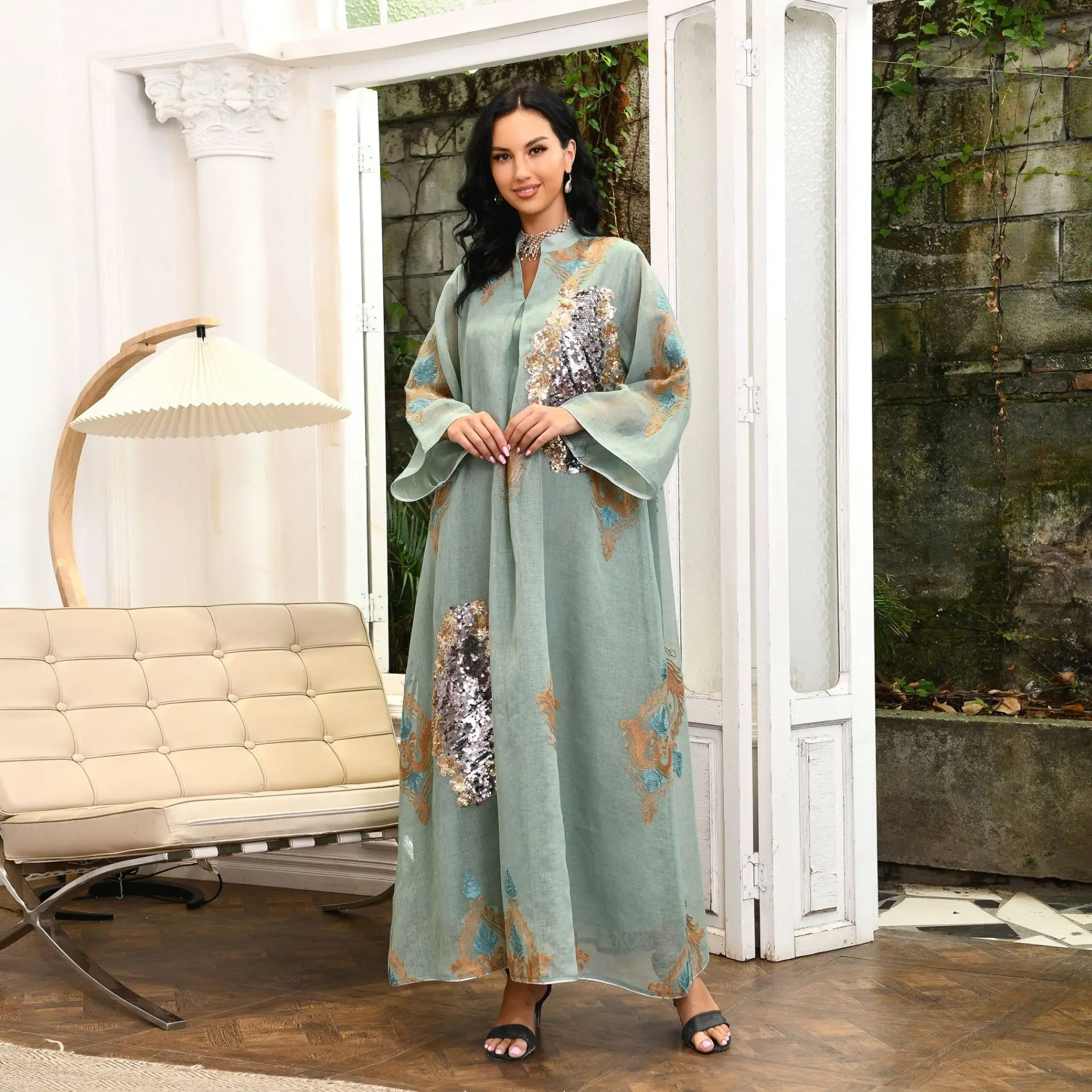 Maxi Morocco Dress Muslim Women Abaya India Stand Collar Abayas Enbroidery Sequins Party Dresses Kaftan Longue Vestidos Largos