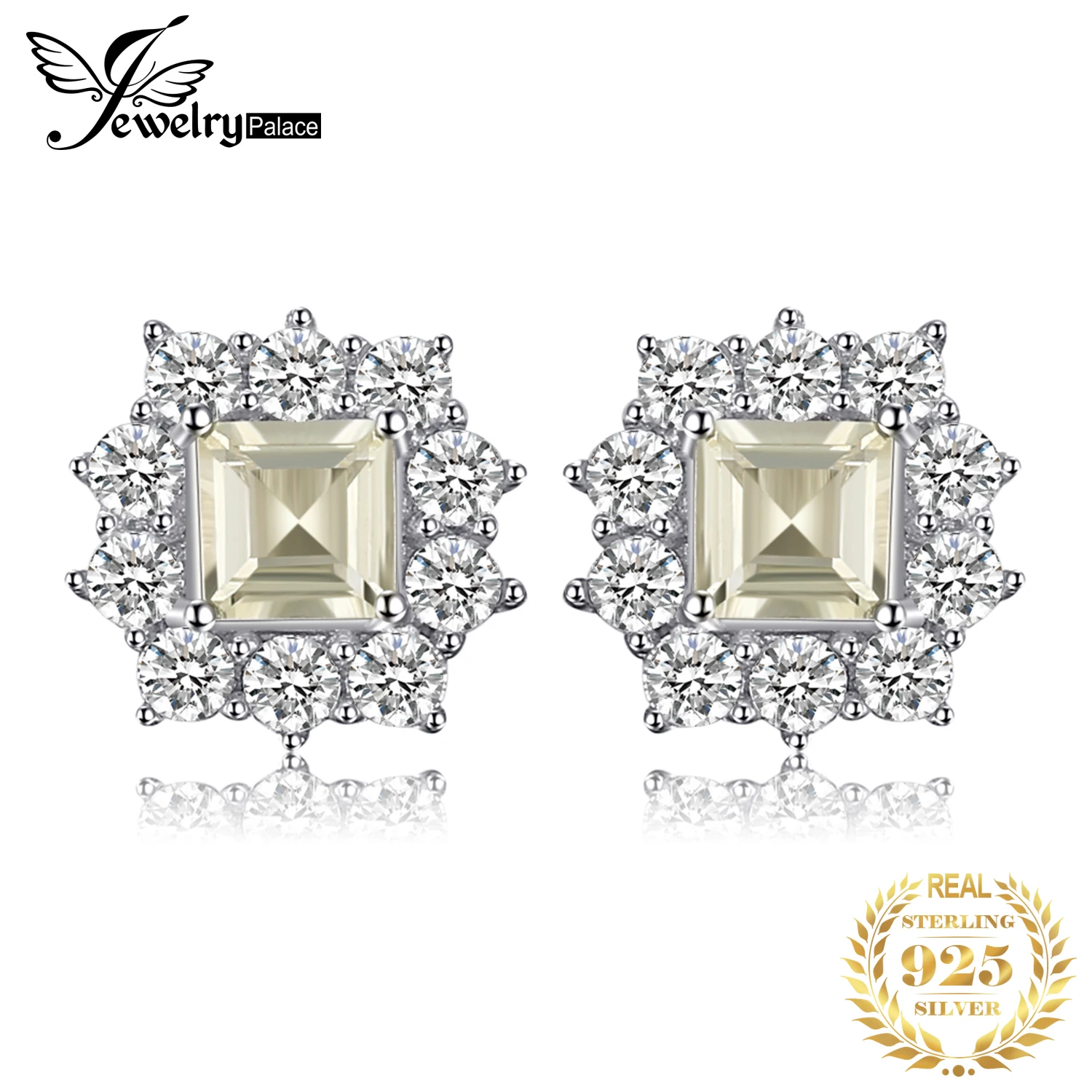 

JewelryPalace Square Natural Lemon Quartz 925 Sterling Silver Stud Earrings for Women Fashion Statement Halo Gemstone Jewelry