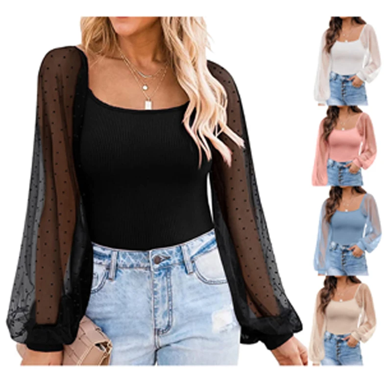 

Женская блузка в горошек, с длинным рукавом и буффами