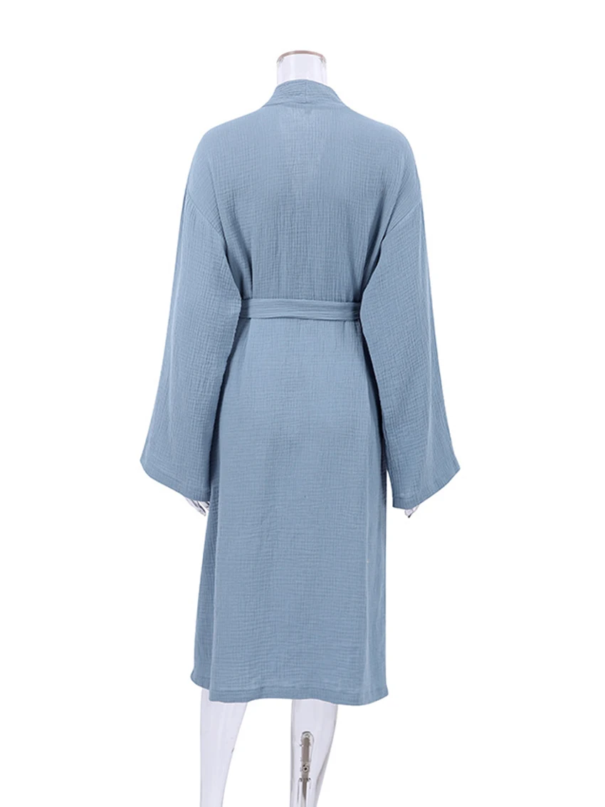 Marthaqiqi Cotton Women'S Pajamas Sexy V-Neck Robe Long Sleeve Nightgowns Double Pockets Lace Up Bathrobe Home Clothes For Women