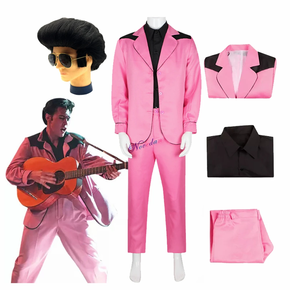 

2022 Movie Elvis Presley Costume Jacket Pink Suit Outfit Men Fashion Idol Halloween Carnival Cosplay Clothing Wig