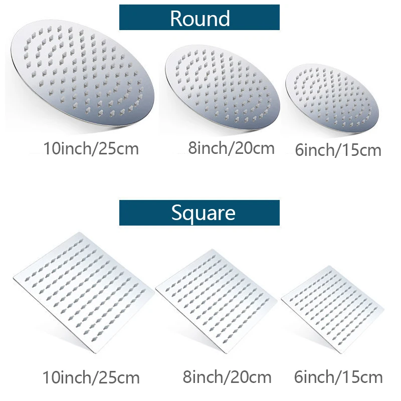 

Rainfall Shower Head Stainless Steel Ultra-thin Shower Heads Chrome Finish Round & Square Rain Shower