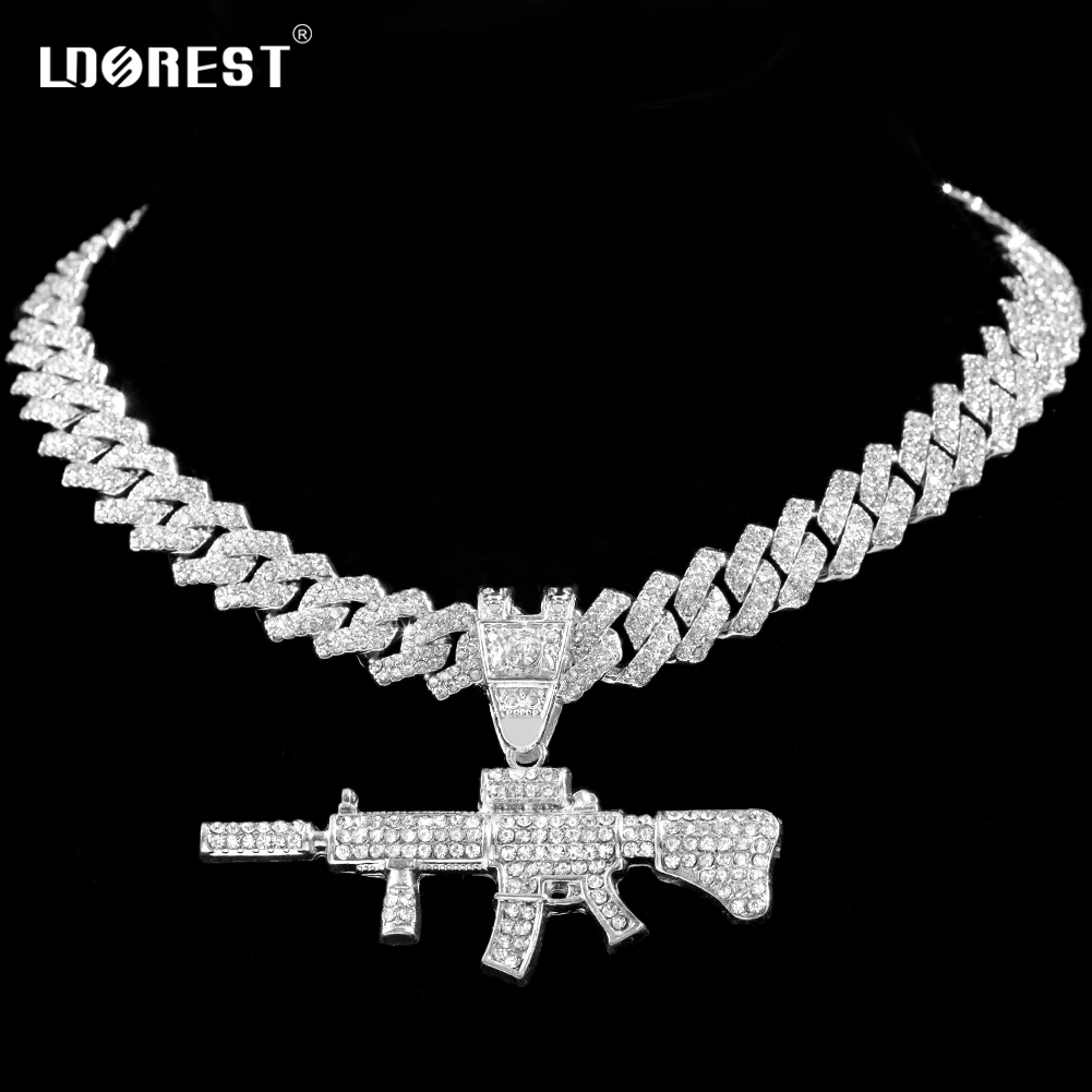 

Men Women Hip Hop Bling AK47 Gun Pendant Necklace 14MM Prong Cuban Link Chain Necklace 2 Row Rhinestones Cuban Chain New Jewelry