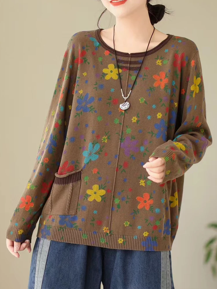 Женский хлопковый свитер с круглым вырезом цветочным принтом