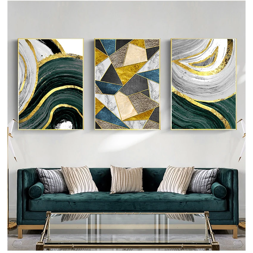 

Настенная картина, Картина на холсте, постеры и принты в скандинавском стиле, современный декор для гостиной, абстрактная золотая линия, зеленые геометрические формы